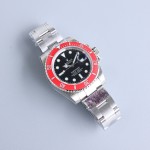 Rolex Submariner series, black dial, red bezel, 41mm, silver Oyster bracelet.